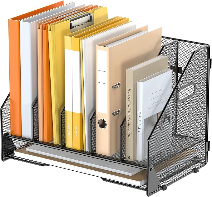 5 Vertical Mesh Desk Organizer with Paper Letter Tray, Black | Sorting racks with lower letter tray section. Multipurpose mesh desktop space saver for home office and school
