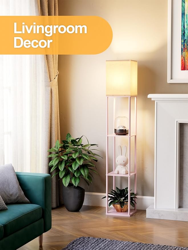 Pink Floor Lamp with Shelves for Living Room, Shelf Floor Lamp with 3 CCT LED Bulb, Corner Display Standing Column Lamp Etagere Organizer Tower Nightstand with White Linen Shade for Bedroom, Office