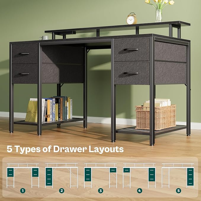 Huuger 55 inch Computer Desk with Power Outlets & 4 Drawers | Gaming Desk with LED Lights, Home Office Desk with Large Storage Space for Bedroom, Work from Home, Black