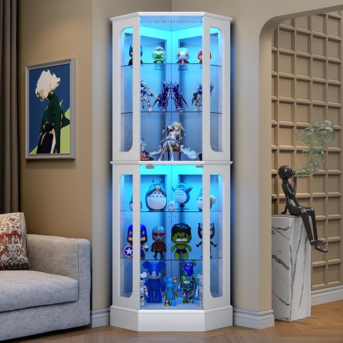 kepptory 72" Tall Corner Display Cabinet with Glass Doors，White | 6-Tier Glass Display Cabinet, Adjustable Glass Shelves, LED Lights, Curio Display Case for Collectibles