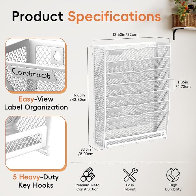 8-Tier Wall File Organizer with Hook, Hanging File Organizer White | Wall-mounted mail storage holds papers, folders, files, clipboards and magazines, assembly required for office or home use.