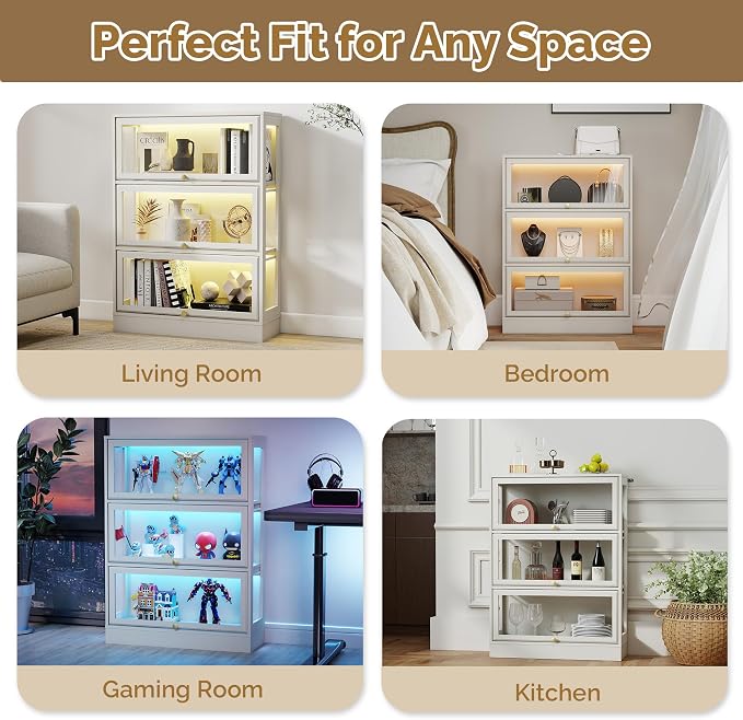 Display Cabinet with Acrylic Glass Doors,3-Tiers Curio Cabinet with LED Lighting for Collectibles, Collectibles Toy Organizers Rack & Display Shelf Display Case Storage Cabinet, White
