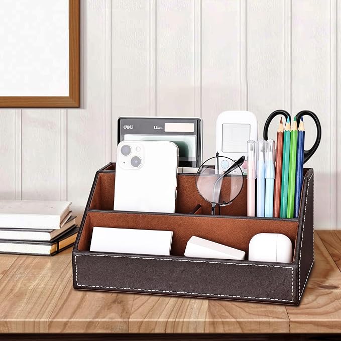5PCS Desk Organizer and Accessories Set, Pu Leather Office Supplies with Multifunction Desktop Organizer Storage Box, Tissue Holder, Mouse Pad, Note Paper Holder, Pencil Holder for Desk Brown