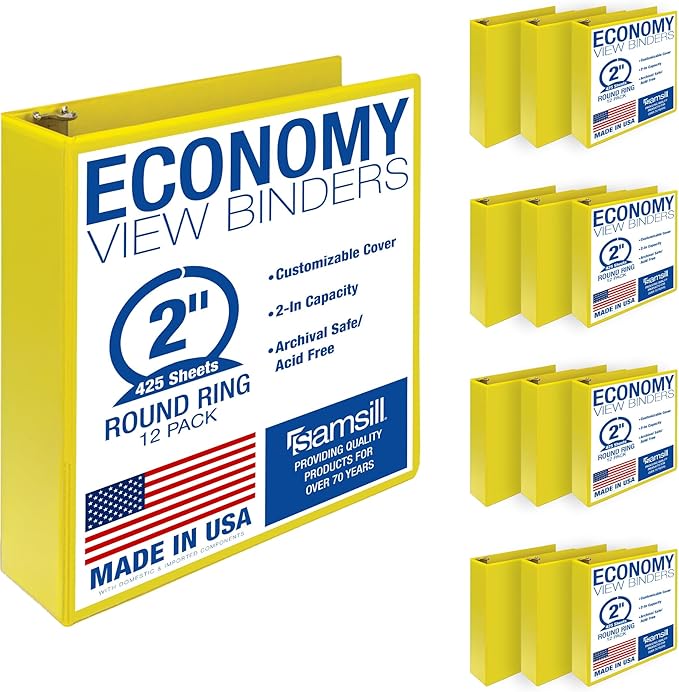 Samsill 2 Inch 3 Ring Binders, Economy Round Ring, Clear View Cover, 425 Sheet Capacity - for School, Home, Office - Yellow, 12 Pack