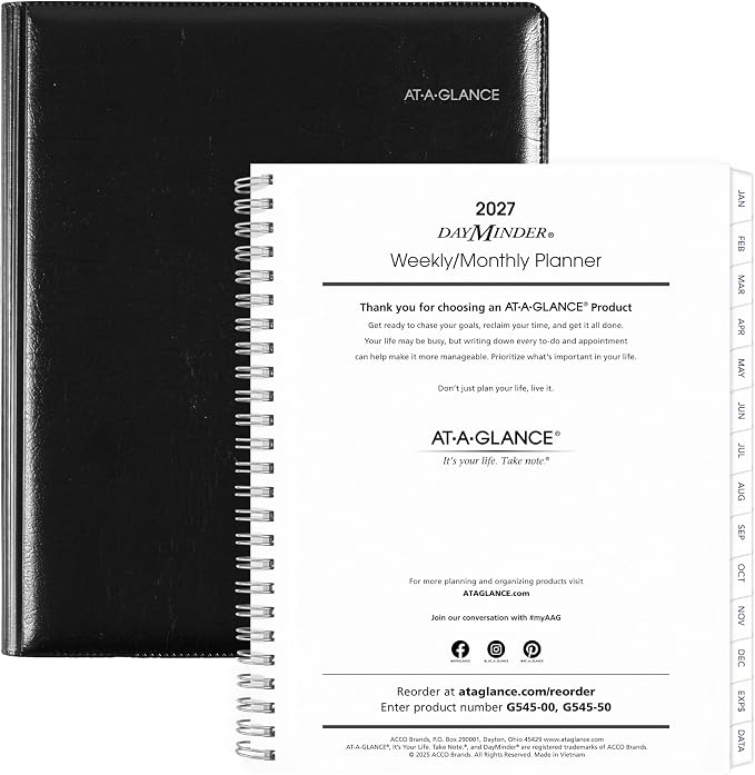 AT-A-GLANCE 2027 Planner Refillable, Weekly & Monthly, 7.5" x 9.25", Executive, DayMinder, Black (G5450027)