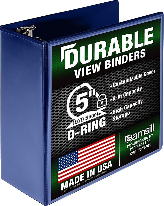 Samsill Durable 5 Inch 3 Ring Binder, D Ring Binder, Customizable Clear View, Blue, Holds 1070 Pages