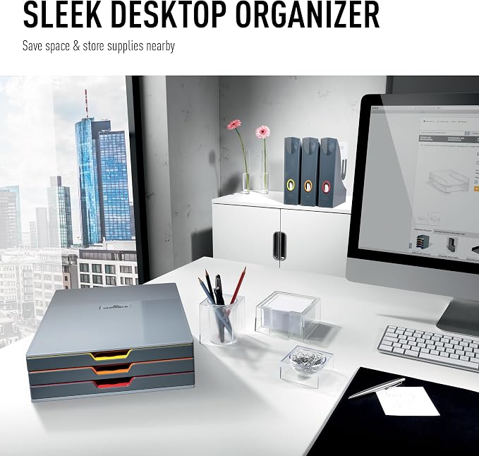 Durable Varicolor 3 Drawer Unit - Gray Desktop Drawer Set with 3 Color Coded Draws - Letter to Folio Size Files - Perfect for Storing Documents and Paper Work