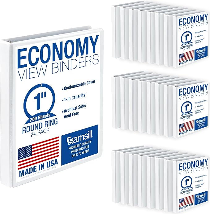 Samsill 1 Inch 3 Ring Binders, Economy Round Ring, Clear View Cover, 200 Sheet Capacity - for School, Home, Office - White, 24 Pack