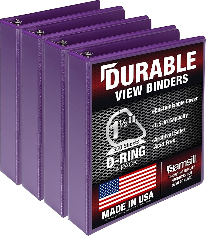 Samsill Durable 1.5 inch 3 Ring Binder, D Ring Binder, 100% Recycled Chipboard, Purple, 4 Pack