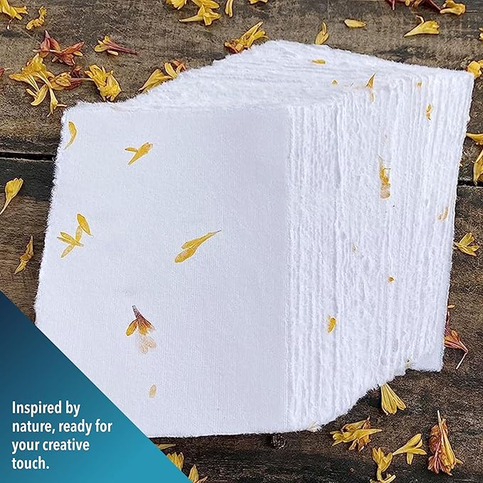 Wanderings Handmade Deckled Edge Paper with Real Flower Petal - 4" x 6" - Thick 150 GSM - 50 Pack - Place Cards, Name Cards for Table Setting, Gift Tags, Invitations, Save the Date, Greeting Cards