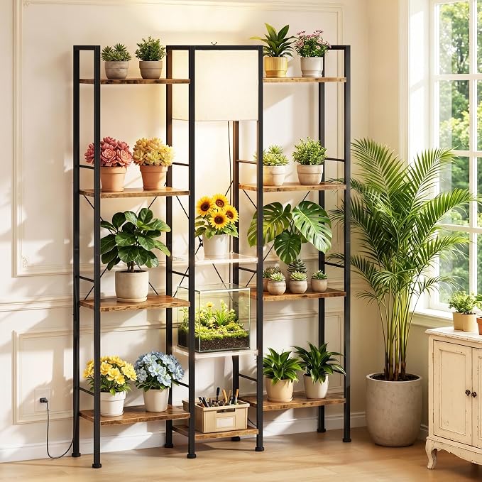 AFLUI Triple 4 Tier Industrial Bookshelf with Light, 11 Shelves | 2 Acrylic and Light for Better Display, Wide 3 Column Open Storage Fits Book or Decor, Industrial Metal Frame for Living Room