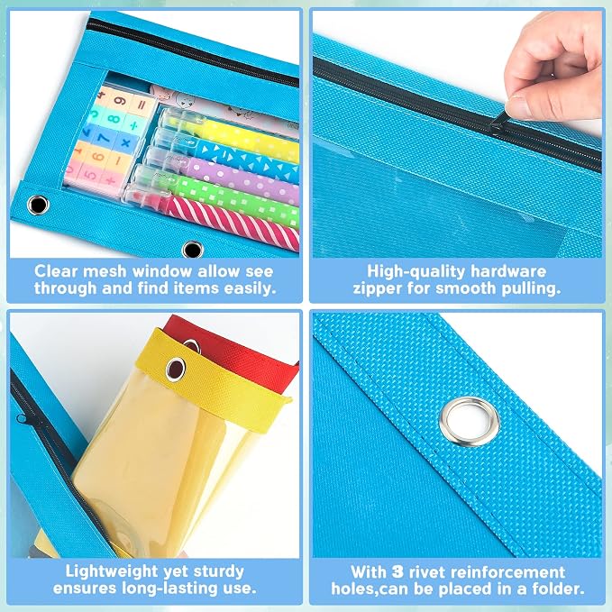 160 Packs 3 Ring Pencil Pouch Bulk, Zipper Pencil Case in 10 Colors | Pencil Pouches with Clear Window for Storing School Office Supplies, Cloth Pencil Bag for 3 Hole Binder