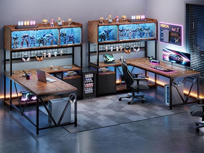 L Shaped Gaming Desk with Drawers, Corner Computer Desk with LED Tempered Glass Display Cabinet, Shaped L Office Desk with Charging Station and Fabric Drawer, PC Desk for Gaming and Office, Brown