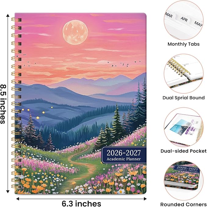 Planner 2026-2027, Academic Year Monthly & Weekly Planner Caledndar, July 2026 - June 2027, Hardcover Large Planning Agenda Book with Tabs for School Office Supplies, 6.3" x 8.5" - Dreamscape Hills