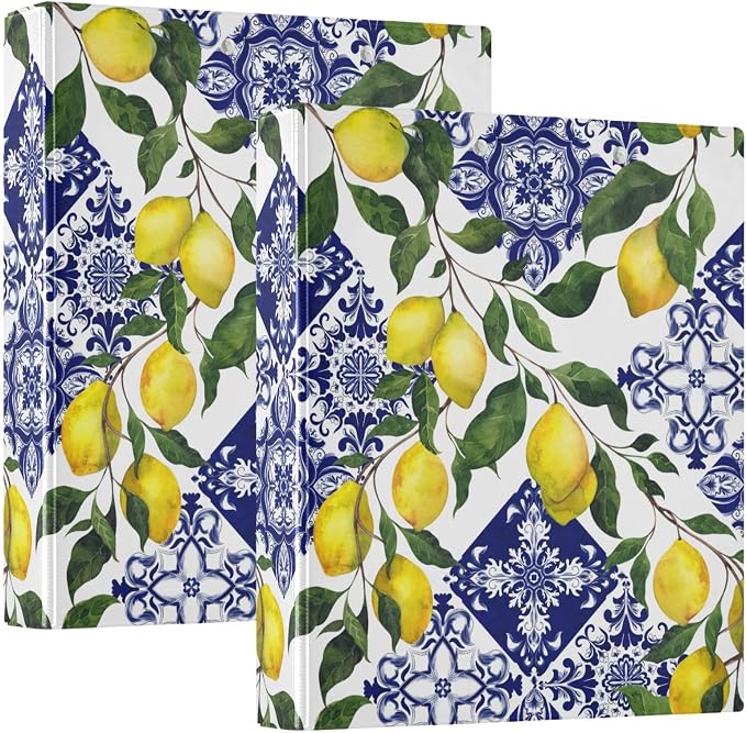 French Country Blue Tile Lemon Binder 1.5 Inch Binder with Clipboard&Pockets Summer Lemons Hardcover Binders 3 Ring Heavy Duty File Folder for Office School Supplies-Holds 200 Sheets, 2 Pack