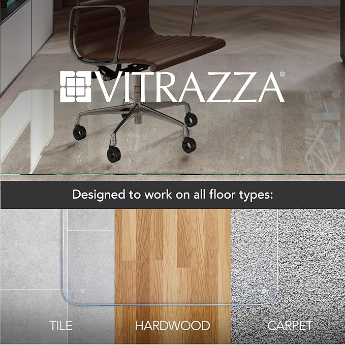 Vitrazza Glass Chair Mat 36” x 36” Superior ¼" Thick, Chiaro Standard Clear, Certified Tempered Safety Glass, Delivers a Smooth Glide, Protects Carpet or Wood, Beautiful in Home or Office.