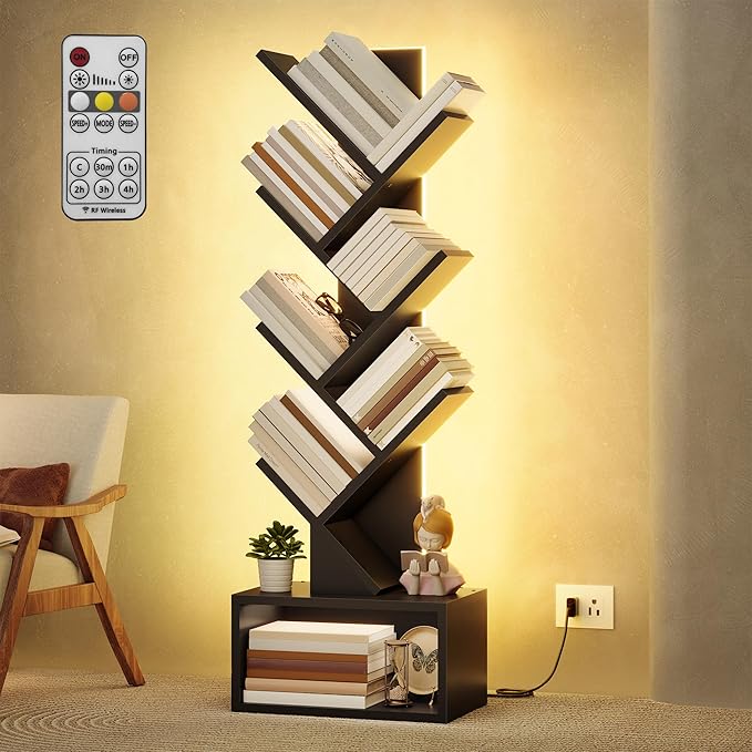 Hoctieon 6 Tier Tree Bookshelf, Tall Bookcase with Drawer, Freestanding Book Shelf with LED Lights, Display Floor Standing Storage Shelf, Book Organizer Shelves for Home Office, Living Room, Black