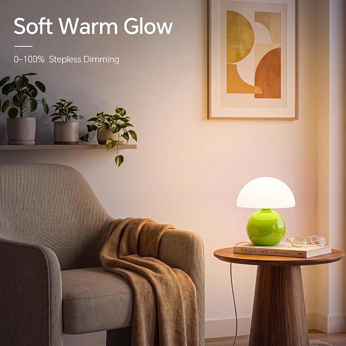 Mushroom Lamp Table Lamp for Bedroom-Small Desk Table Lamps,Green | 8.7" Mid Century Modern Table Lamps for Living Room Bedroom Decor,Cute Ceramic Lamps for Mushroom Home Room Decor,Glass Shade