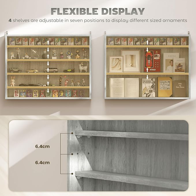 HOMCOM 5-Tier Wall Mounted Display Cabinet Glass Doors 60x80cm Gray | Display Case, 4 Adjustable Shelves, for Home Office Ornaments