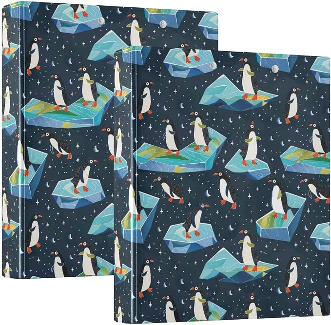 Funny Penguin Glaciers Black 3 Ring Binder 1.5" Decorative D-Ring Binder with Clipboard&3 Clear Pockets, Holds 200 Sheets A4 Size Paper Waterproof Binders for School Home Office|2 Pack