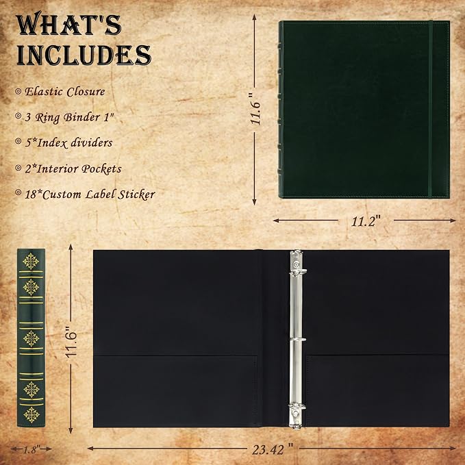Ospelelf Vintage Leather 3 Ring Binder 1 Inch, Hardback D Ring Binder with Pockets and 5 Tab Dividers, Book Style Document Organizer Fits Letter Size Paper for Home and Office Green