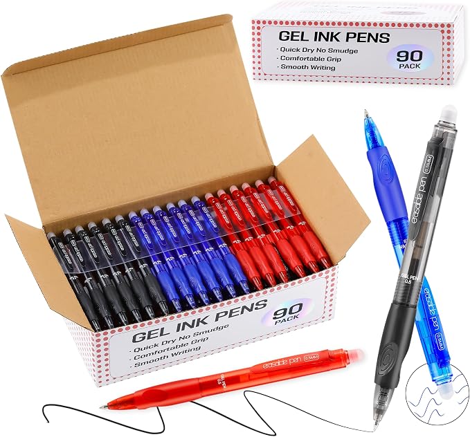 USUAL 90 Pack Retractable Erasable Gel Pens Clicker, Fine Point(0.5mm),Black&Blue&Red Ink for Planners,Make Mistakes Disappear, Premium Comfort Grip, Smooth Writing Pen Office Back-to-School Supplies