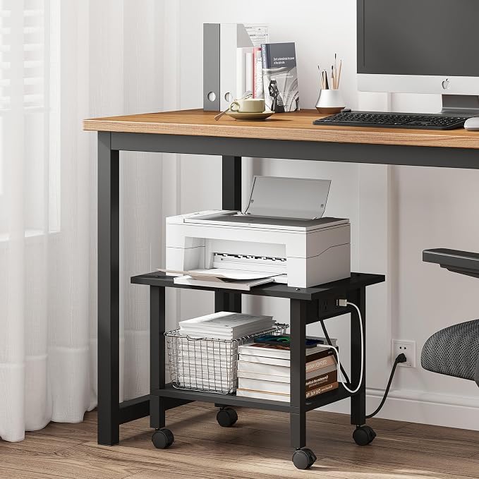TUTOTAK Printer Stand, 2 Tier Rolling Printer Cart with Charging Station | Small Under Desk Printer Table with Wheels for Small Space, Office, Home, Black PS01BK001P