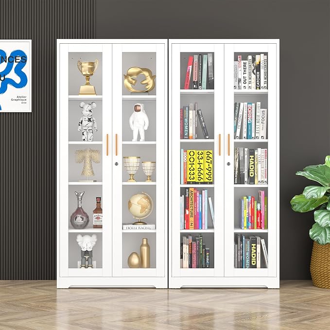 Polup 71" White Metal Glass Display Cabinet with Security Lock | 5-Tier Curio Case & Tempered Doors, 4 Adjustable Shelves, Heavy-Duty China Storage for Living Room, School & Commercial