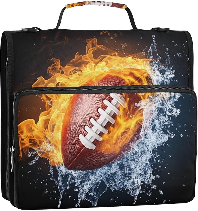Football Print 3 Ring Zipper Binder with Shoulder Strap & Handle 3 Inch D-Ring Zippered Bag with Pencil Pouch,Multiple Pocket & Expanding File Folder, Binder Organizer for School or Office