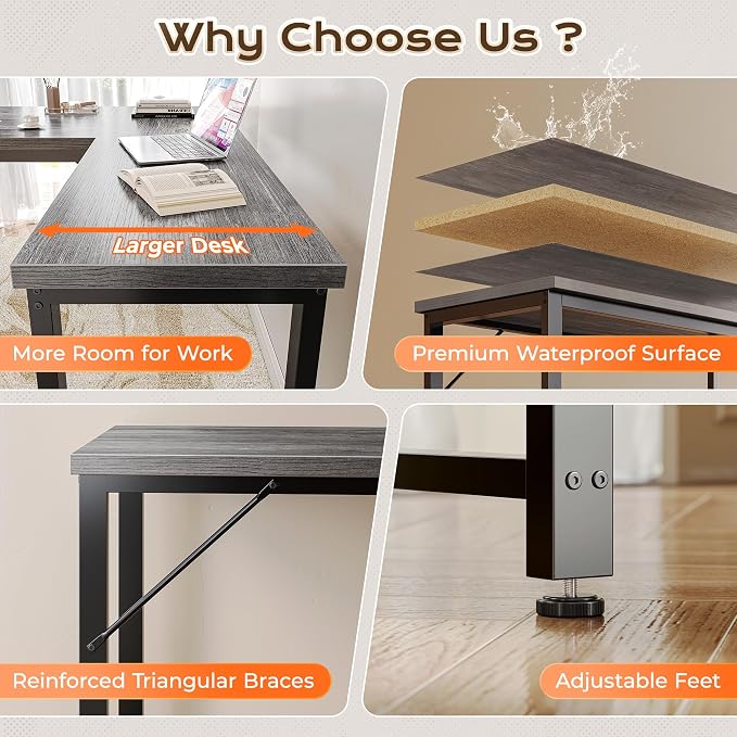 Huuger 63 Inch L Shaped Desk with Power Outlets & 0.95 Inch Thicker Desktop | Reversible Computer Desk, Larger Office Corner Gaming Desk, Metal Frame, for Home Office, Study, Grey