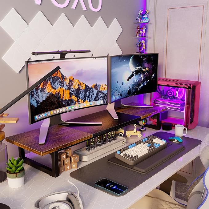 Simple Trending 38" Dual Monitor Stand Riser, Desk Organizer, Rustic Brown | Laptop & Printer Stand, for 2 Monitors, Wood and Steel, Ergonomic Support, Easy Setup, Home Office Desk, 38"W x 10.25"D x 5"H