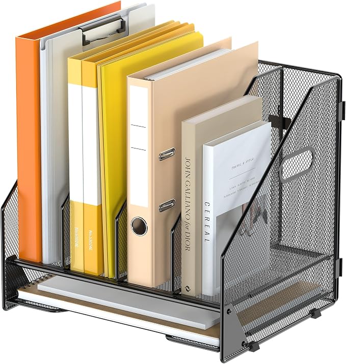 4 Vertical Mesh Desk Organizer with Paper Letter Tray, Black | Sorting racks with lower letter tray section. Multipurpose mesh desktop space saver for home office and school