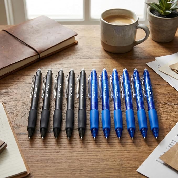 Volcanics Retractable Clicker Erasable Gel Pens - 0.7mm Ball Point, Heat Erase with Built-in Eraser, 36 Pack Blue and Soft Black