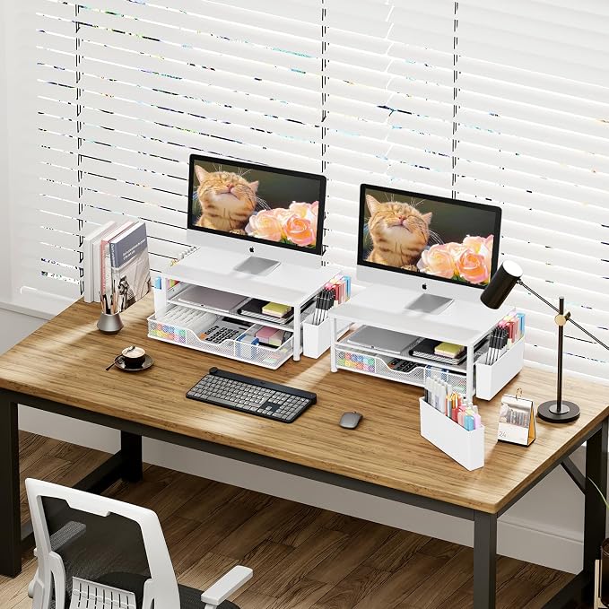 Desk Organizers and Accessories, Computer Monitor Stand Riser with Drawer and 2 Pen Holders, Printer & Laptop Stand, Office Desk Accessories & Workspace Organizers for Home Office Supplies, White Wood