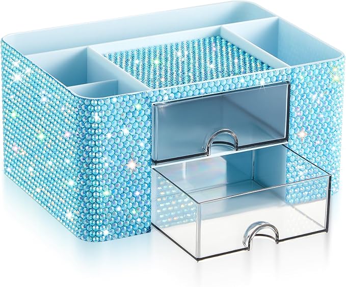 MotiMind Blue Bling Desk Organizer with 2 Drawer, Sparkly Makeup Organizer for Vanity, Girly Desk Accessories, Rhinestone Pen Holder, Elevate Your Workspace with Blue Serenity (Diamond)