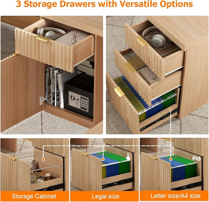 69" Fluted L Shaped Executive Desk with Power Outlets & File Drawer, Modern Wood L Shaped Office Desk with Storage Cabinet and Drawers, Large Corner Desk Computer Writing Desk for Home, Natural Oak