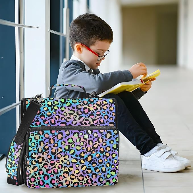 Neon Leopard Pattern 3 Ring Zipper Binder with Shoulder Strap & Handle 2 Inch D-Ring Zippered Binder Bag with Multiple Pocket & Pencil Pouch, Binder Organizer for School or Office