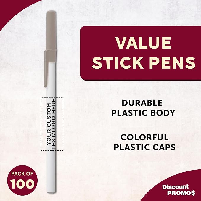 DISCOUNT PROMOS Custom Value Stick Pens Set of 100, Personalized Bulk Pack - Black Ink, Great for Office, School, Business, Tradeshows, Events - Grey