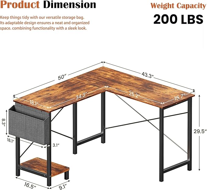 Alpen Corner Desk, L Shaped Gaming Desk with Storage Pocket and CPU Stand, Work Desk for Home Office, Small Corner Study Writing Table with Sturdy Metal Frame, 50 Inch, Rustic Brown