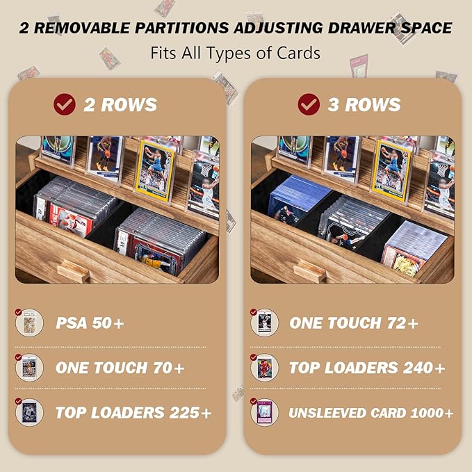 Emfogo Trading Card Display, 3-Tier Card Display Case with Custom Drawer, Wood Graded Card Display with Supporters and Dividers, Sports Card Display Case (Brown)