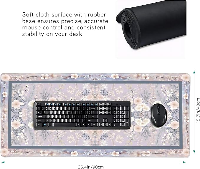 Floral Aesthetic Rose Gaming Mouse Pad, Purple Rug Desk Mat with Anti-Slip Base & Stitched Edges, Office & Home Desk Decor for Women, 35.4" x 15.7" in Computer Desktop Mat