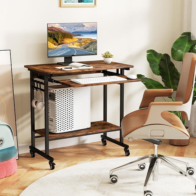 GIANTEX Rolling Computer Desk, Mobile Portable Desk with Keyboard Tray & Wheels, Laptop PC Table Cart with Shelf & Hooks, Industrial Small Desk for Small Spaces, Home Office, Bedroom, Rustic Brown