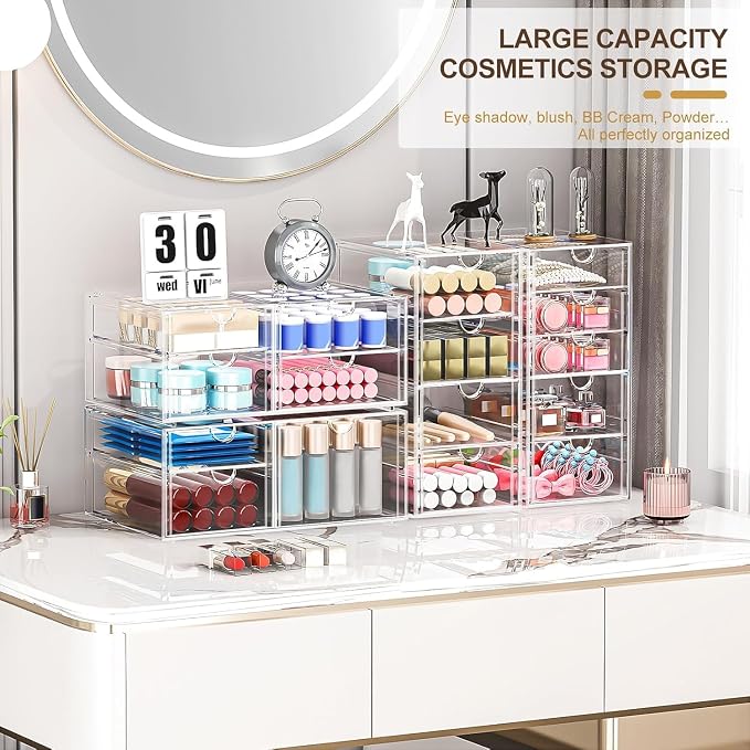 4-Pack Acrylic 16-Drawer Storage & Makeup Organizer for Desk | Smooth-glide drawers, clear acrylic, stackable, dustproof, wipe clean, for office supplies, pens, jewelry, makeup