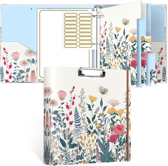Rouidr 3 Ring Binder, 2 Inch Round Ring Binder Organizer with Clipboard, 5 Dividers Tabs, A4 8.5 x 11 Inch Paper & Clear Sleeves for School, Office Supplies
