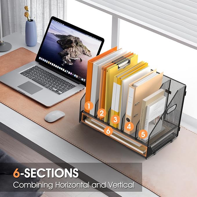 5 Vertical Mesh Desk Organizer with Paper Letter Tray, Black | Sorting racks with lower letter tray section. Multipurpose mesh desktop space saver for home office and school
