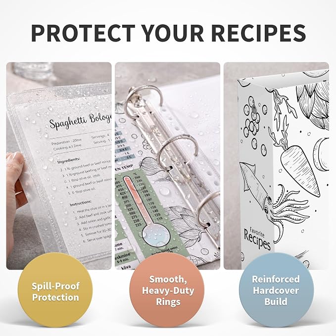 CraftSaints Recipe Binder 8.5x11, 3 Ring DIY Cookbook Kit 12 Dividers & 25 Plastic Sleeves & 25 Recipe Pages & 36 Labels, Recipe Books Binder, Recipe Organizer Binder Kit, Recipe Book (White)