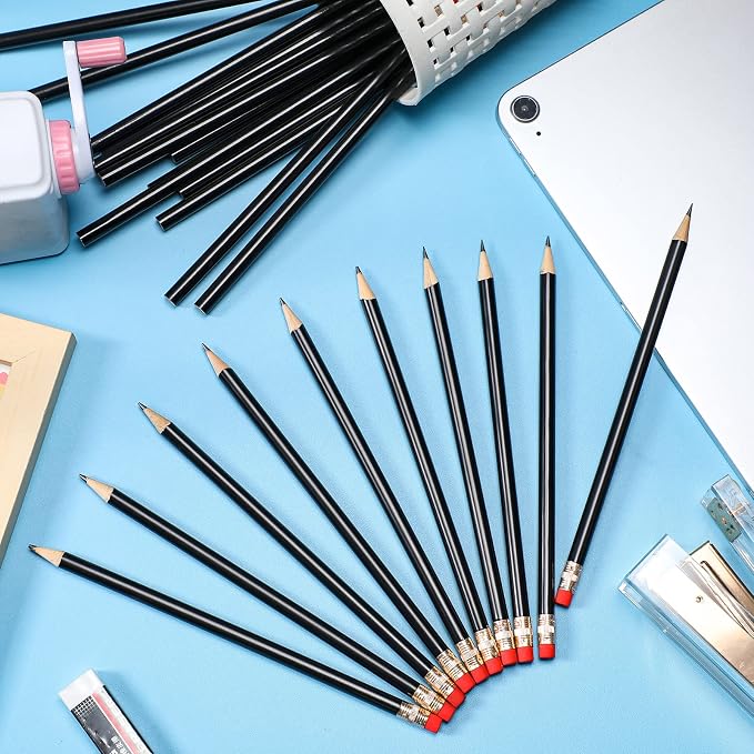 Outus 24 Pieces Round Pencils Cute HB Graphite Wood Pencils Bulk with Eraser for School Writing Drawing Sketching Wedding Office Supplies(Black)