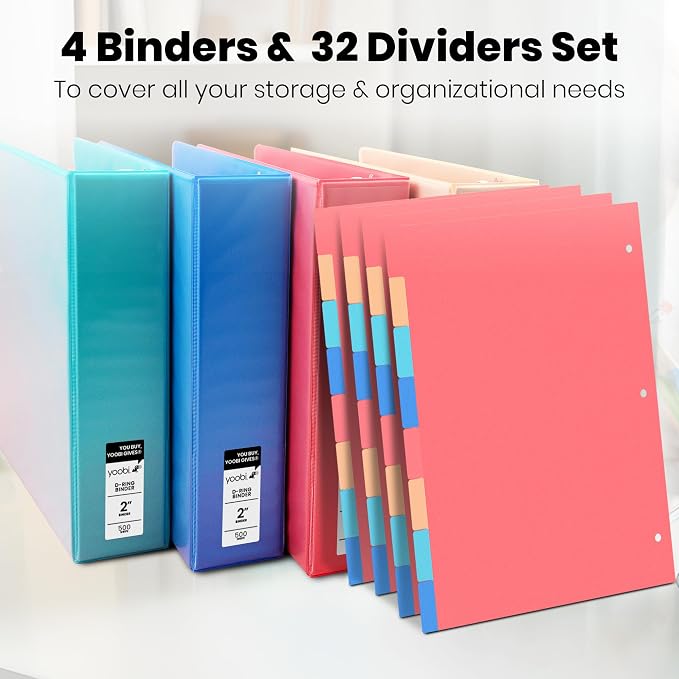 Yoobi 2 Inch 3-Ring Binder & 8-Tab Divider Set, 4-Pack, 2 Pockets, D Rings | 3-Ring Binder + 8-Tab Divider Set, 2 Interior Pockets, Blank Sticky Labels Included, 4-Pack of Each