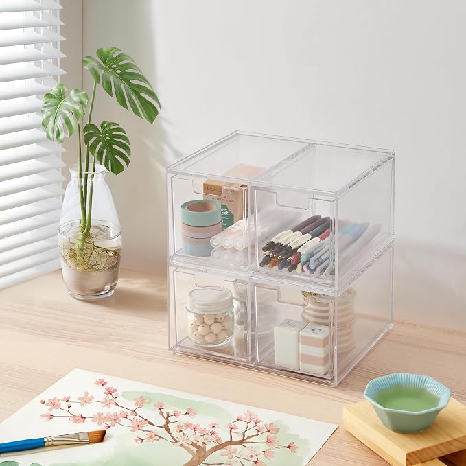 STORi Stackable Desk Organizer drawers, Clear Pen Pencil Makeup Brush drawers for Desktops and Vanities, 4 Tall Drawers (Made in USA)