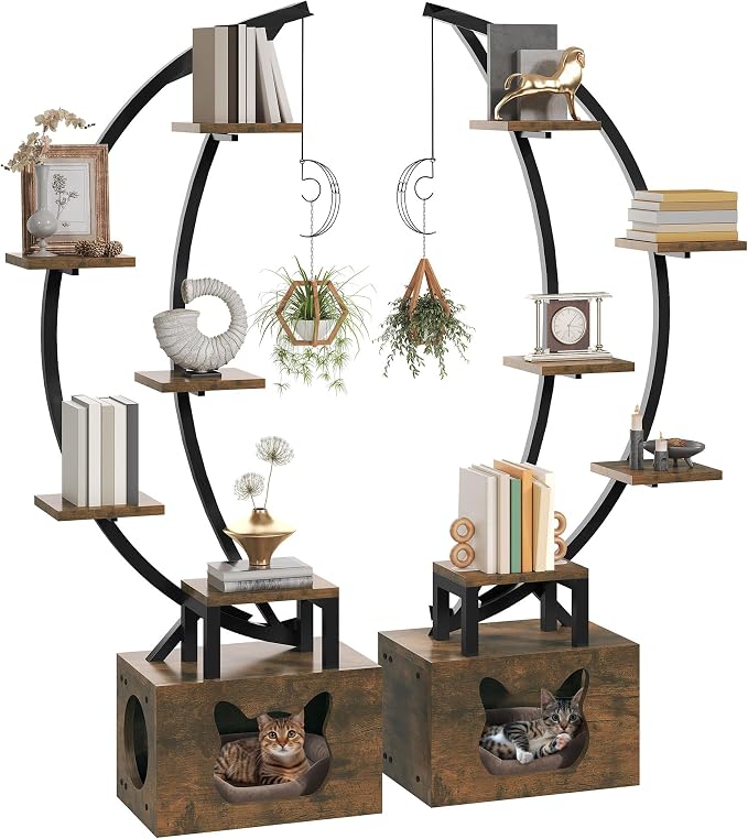 DWVO Tall Bookshelf with LED Light | Artistically Designed Moon Arched Bookcase, Cats Litter Box, Corner Display Shelf, For Home Office, Bedroom